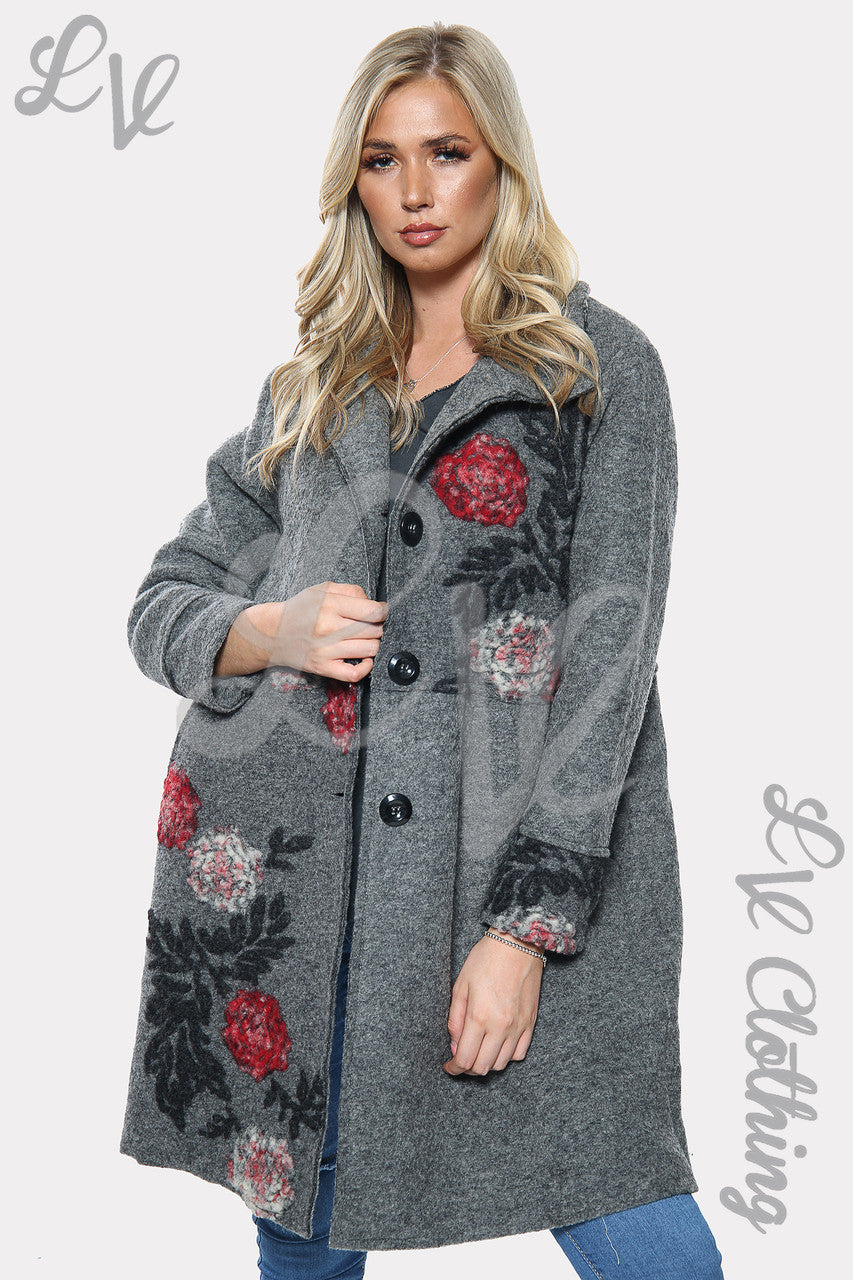 Ladies Floral Rose Print Oversized Wool Jacket Coat Grey Unit Price £25.99