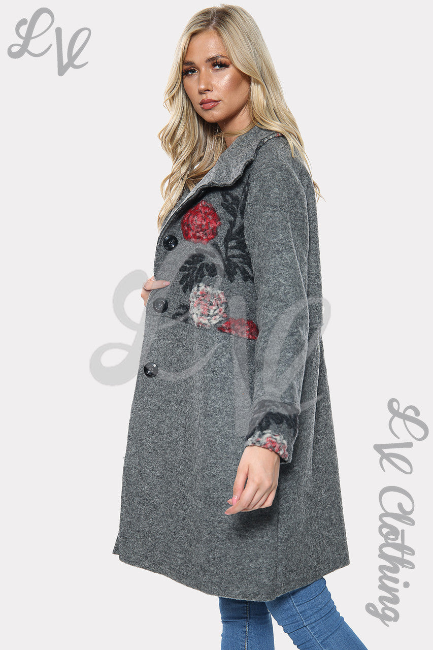 Ladies Floral Rose Print Oversized Wool Jacket Coat Grey Unit Price £25.99