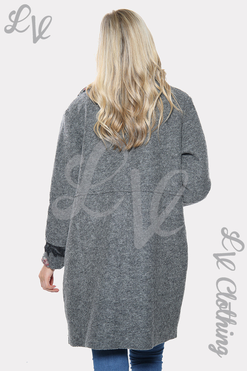 Ladies Floral Rose Print Oversized Wool Jacket Coat Grey Unit Price £25.99