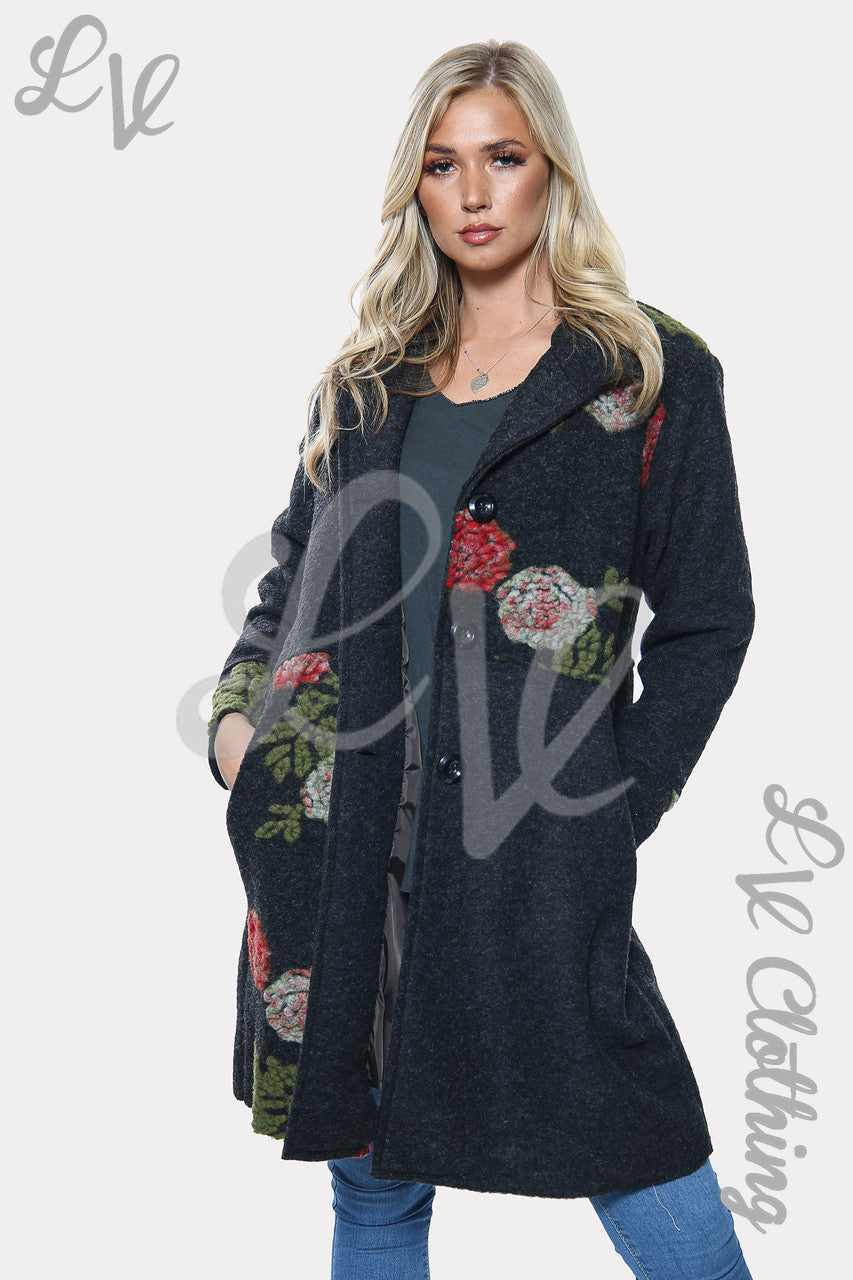 Ladies Floral Rose Print Oversized Wool Jacket Coat Charcoal Unit Price £32.99.99
