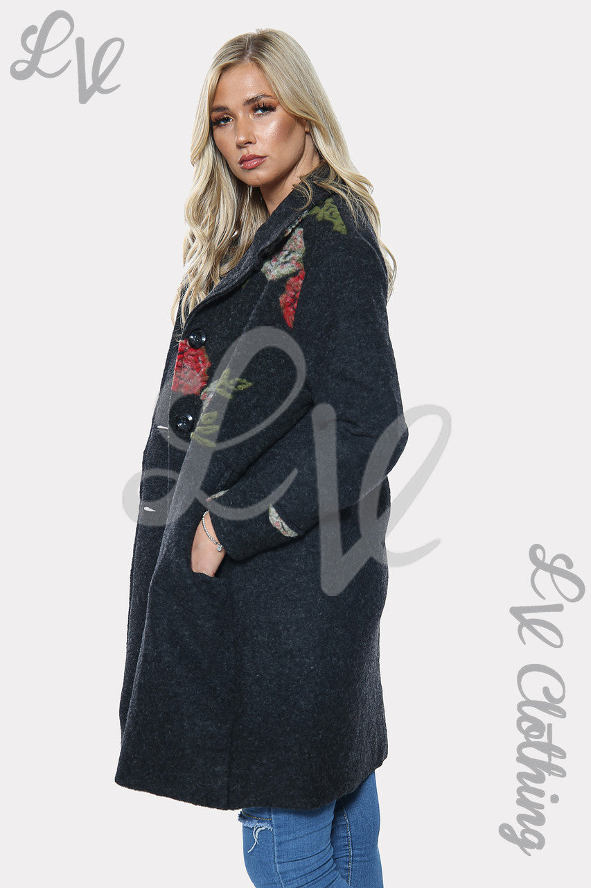 Ladies Floral Rose Print Oversized Wool Jacket Coat Charcoal Unit Price £32.99.99