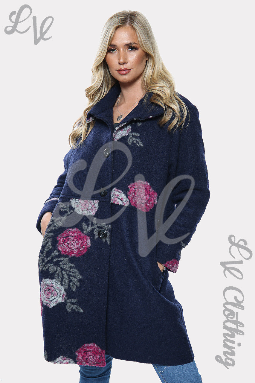 Ladies Floral Rose Print Oversized Wool Jacket Coat Navy Unit Price £32.99
