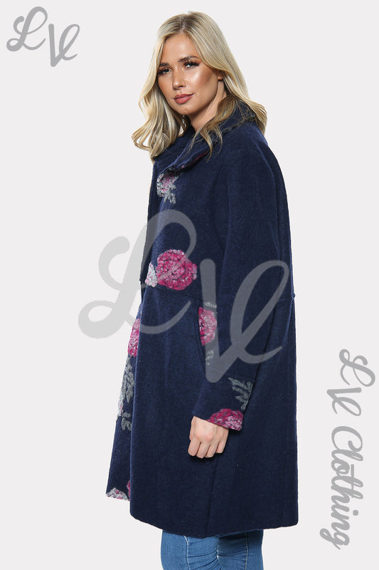 Navy oversized wool jacket coat with rose floral print, long sleeves and front button