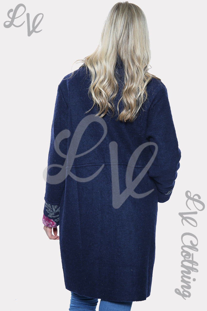 Ladies Floral Rose Print Oversized Wool Jacket Coat Navy Unit Price £32.99