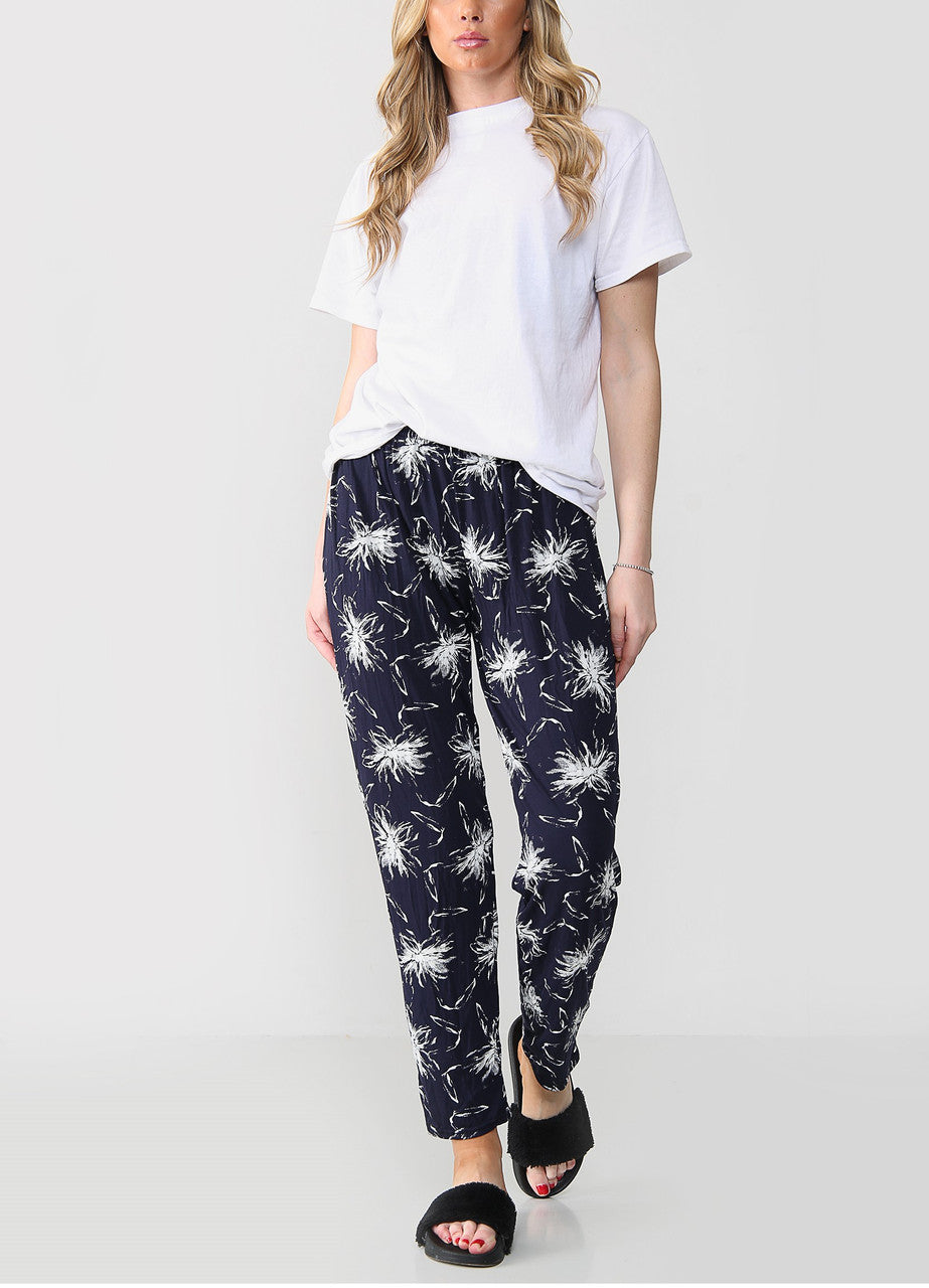ELASTISCHE BROEK MET PAARDEBLOEMENPRINT MARINE