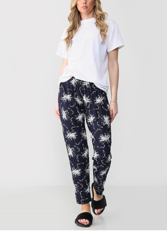 ELASTISCHE BROEK MET PAARDEBLOEMENPRINT MARINE