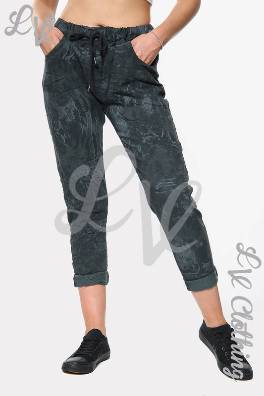 Charcoal tie-dye floral jogger pants with elastic waistband, drawstring and cuffed ankle