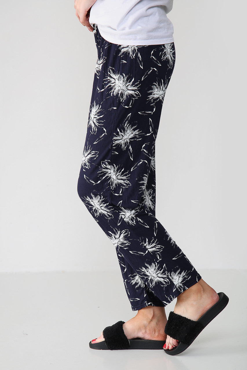 ELASTISCHE BROEK MET PAARDEBLOEMENPRINT MARINE