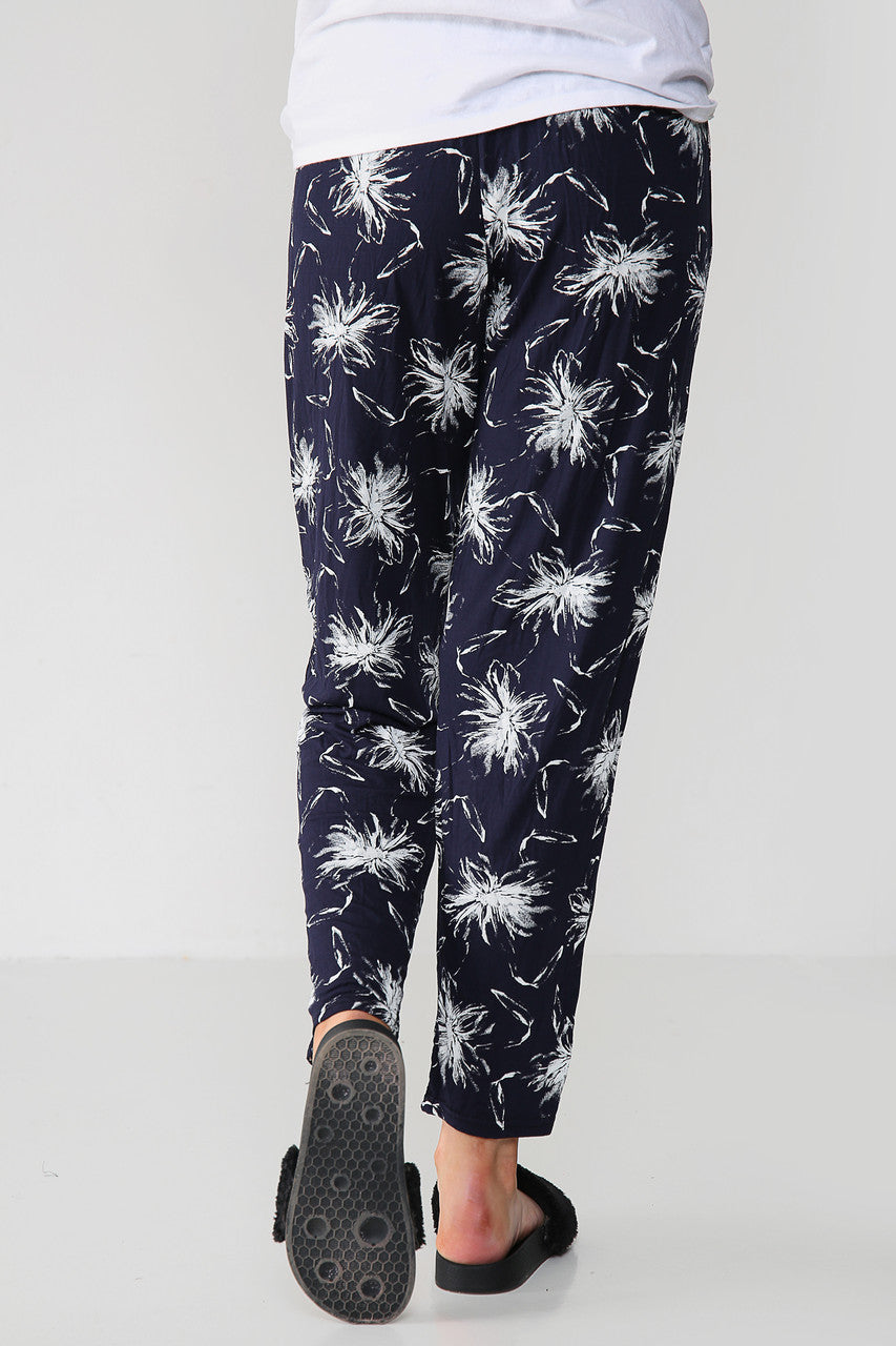 ELASTISCHE BROEK MET PAARDEBLOEMENPRINT MARINE