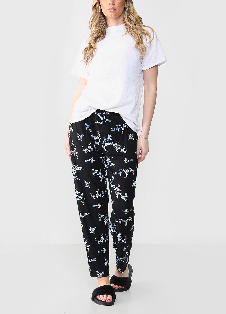 ELASTICATED FLORAL BOUQUET PRINT TROUSERS BLACK/BLUE