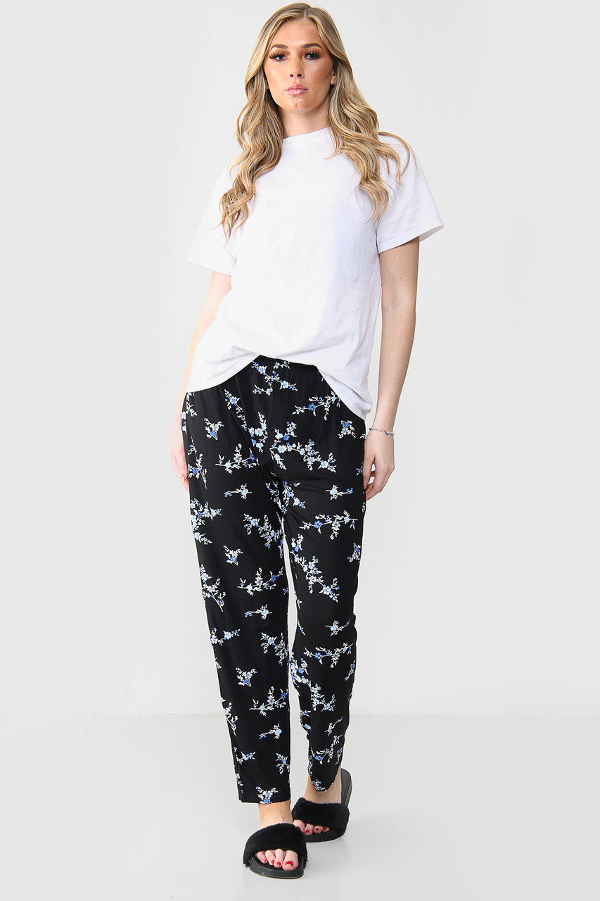 ELASTICATED FLORAL BOUQUET PRINT TROUSERS BLACK/BLUE