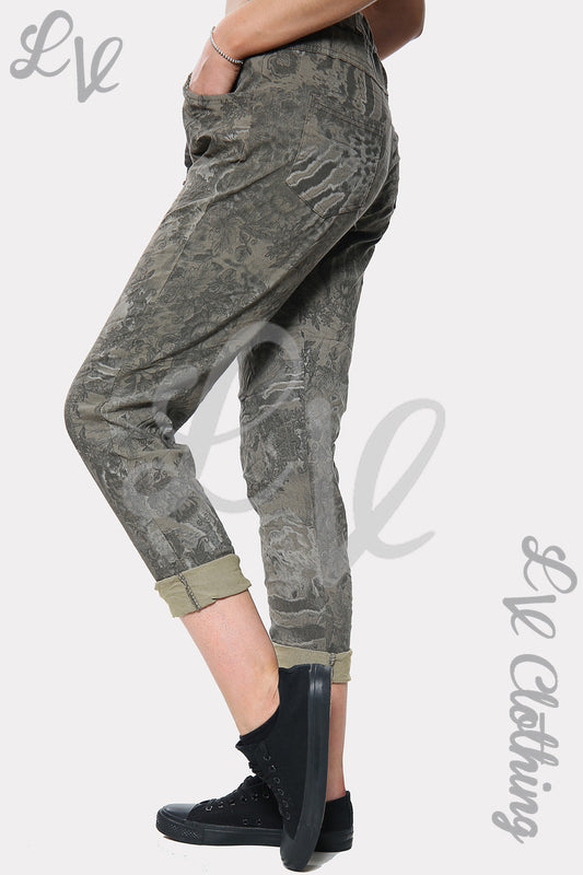 Ladies taupe floral tie-dye jogger pants with drawstring and cuffed ankle hems