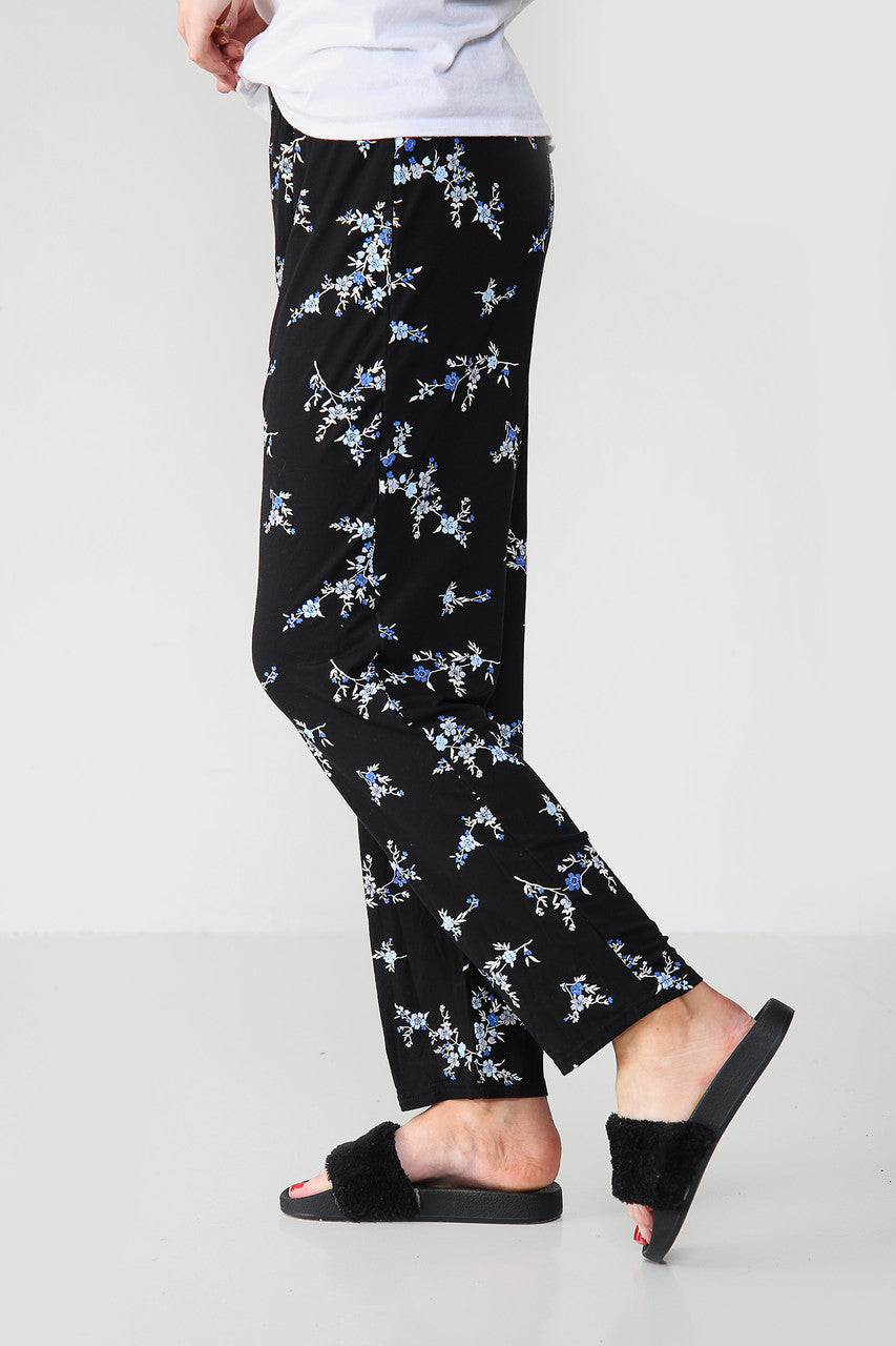 ELASTICATED FLORAL BOUQUET PRINT TROUSERS BLACK/BLUE