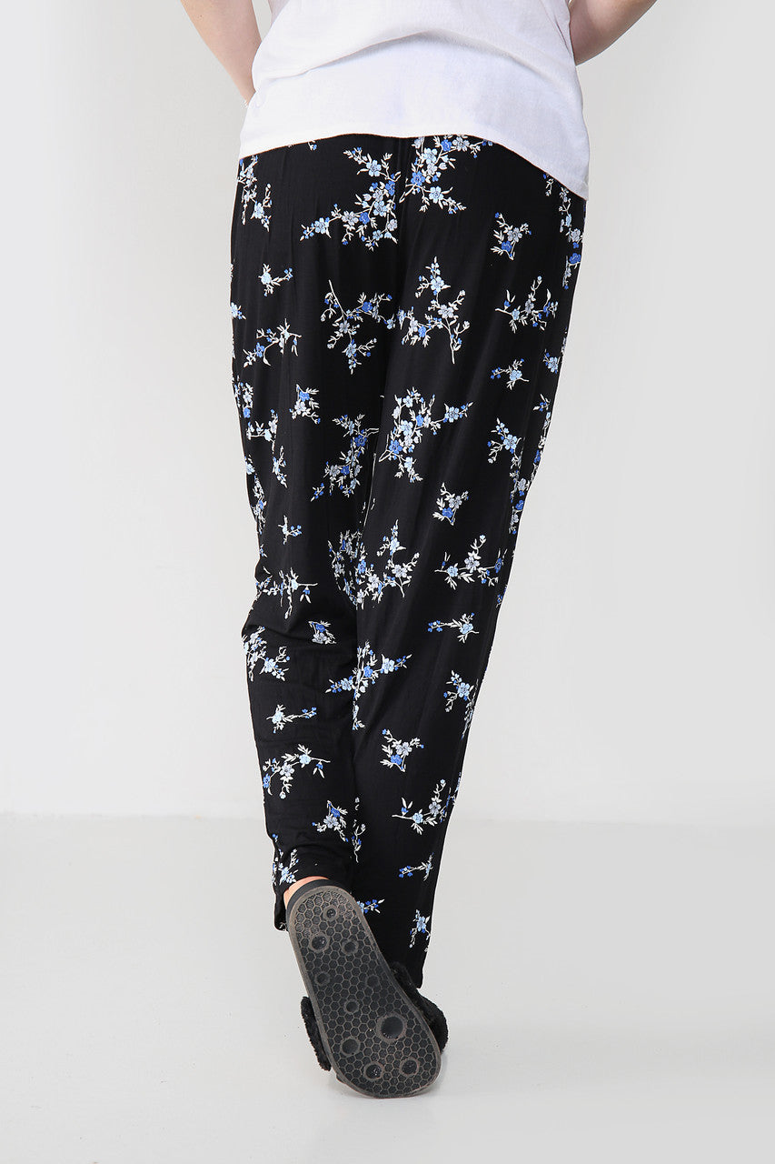 ELASTICATED FLORAL BOUQUET PRINT TROUSERS BLACK/BLUE