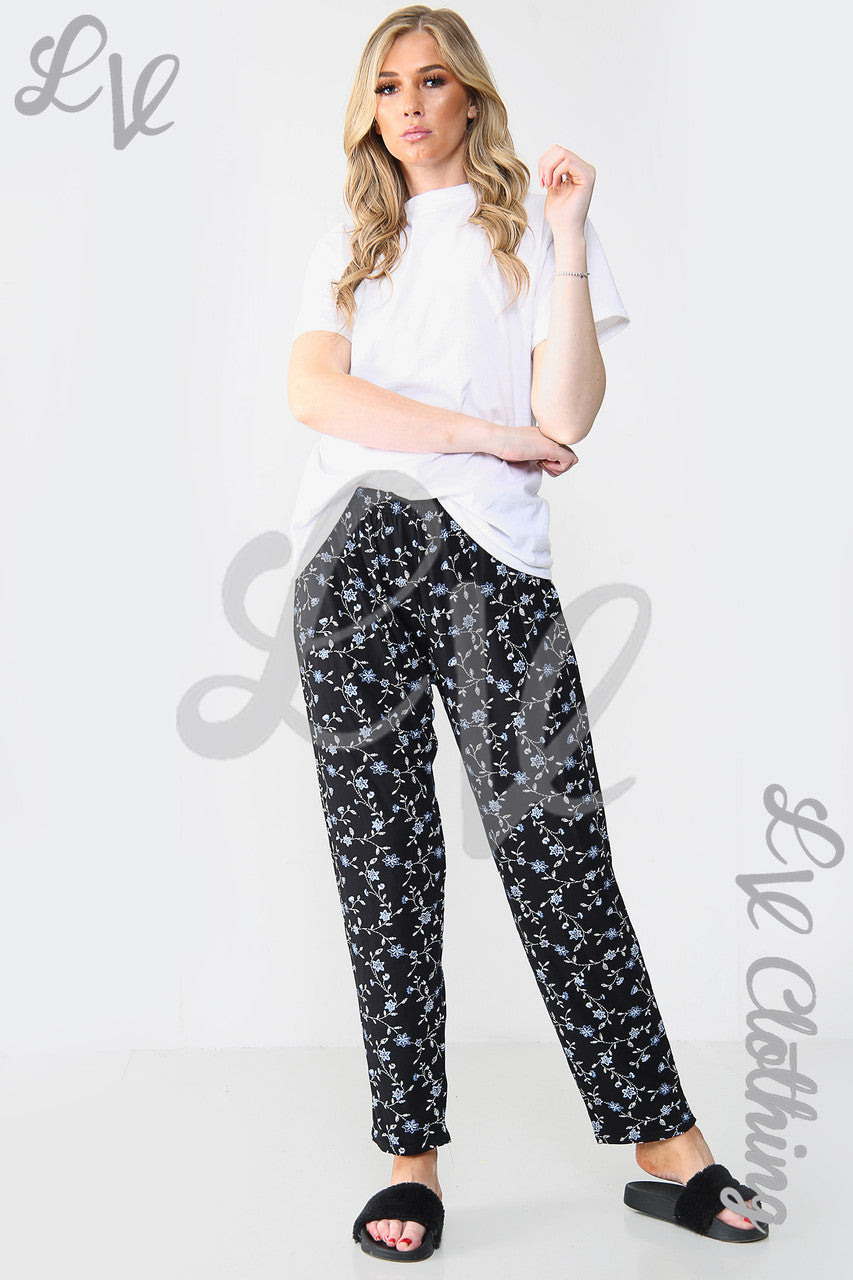 Ladies Floral Dot Print Trousers Blue