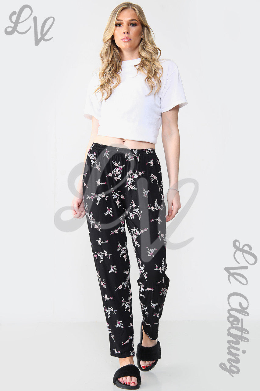 Ladies Oriental Floral Print Trousers Pink Flowers