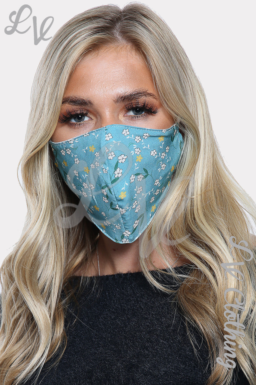 Dames Mondkapje met Madeliefjes en Bladeren Blauw - Stukprijs € 2,99