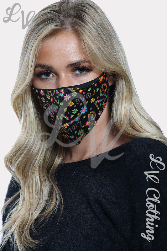 Black face mask with colorful floral and love pattern