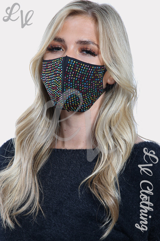 Black diamante face mask with multicolor rhinestone pattern