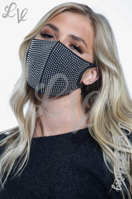 Black face mask with silver diamante rhinestone pattern covering nose and mouth
