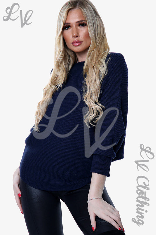 Navy knitted batwing sleeve jumper, relaxed fit front view