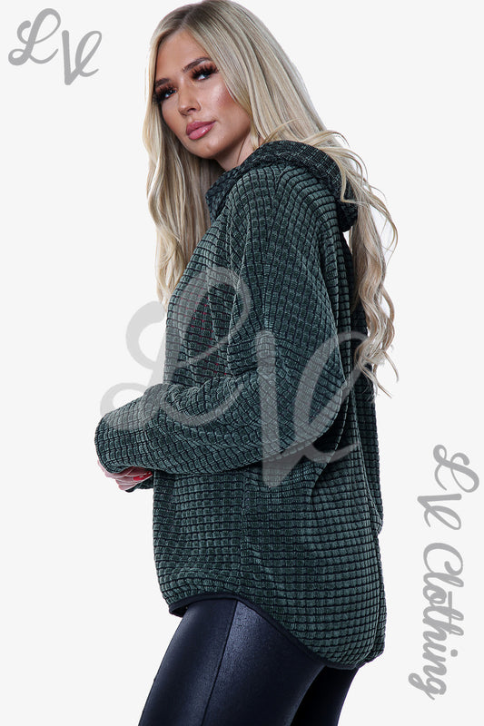 Cowl neck chenille jumper with long sleeves, side view, textured knit, dark green