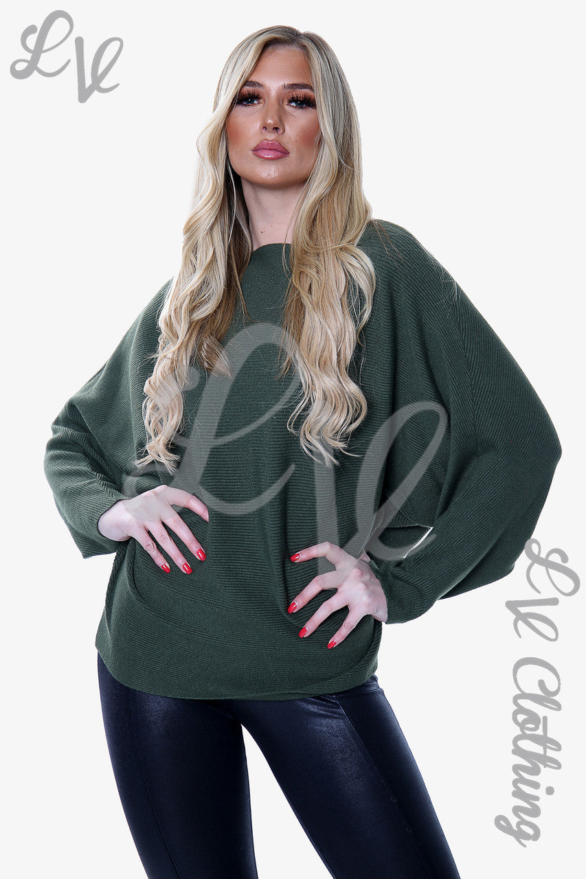 Ladies Ribbed Batwing Knitted Jumper Khaki Unit Price £14.99