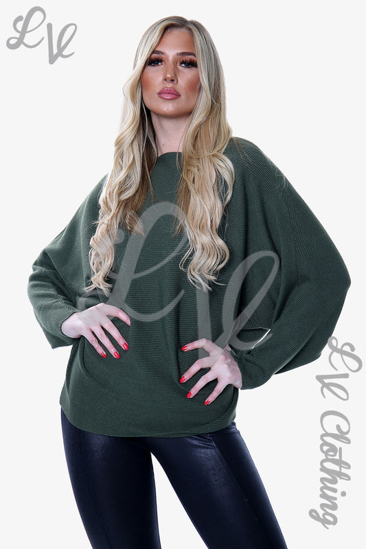 Ladies ribbed batwing knit jumper, dark green with wide sleeves, ribbed neckline and hem