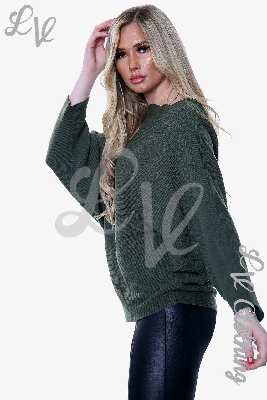 Ladies Ribbed Batwing Knitted Jumper Khaki Unit Price £14.99
