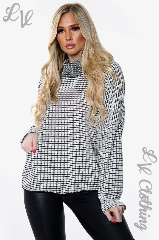 Womens cowl neck chenille jumper, black-and-white check knit, long sleeves