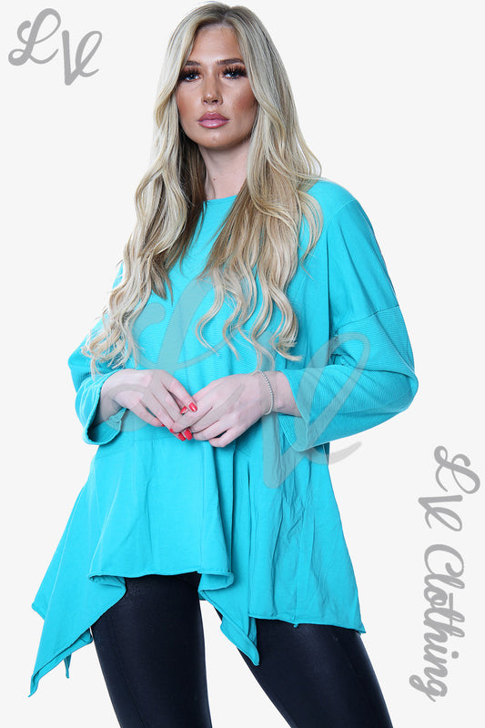 Teal long-sleeve tunic top with asymmetric hem and draped front