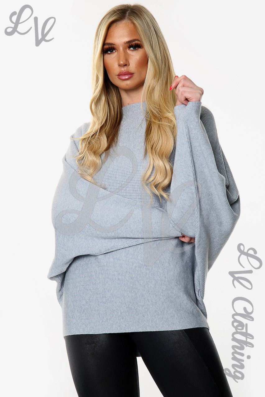 Dames Geribbelde Batwing Gebreide Trui Grijs Eenheidsprijs € 14,99