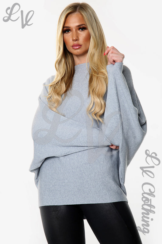 Grey ribbed batwing knitted jumper with relaxed wide sleeves, crew neck
