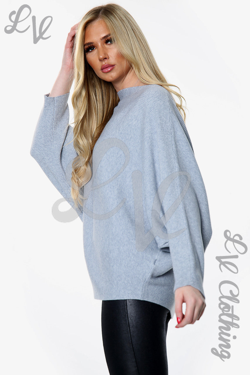 Dames Geribbelde Batwing Gebreide Trui Grijs Eenheidsprijs € 14,99