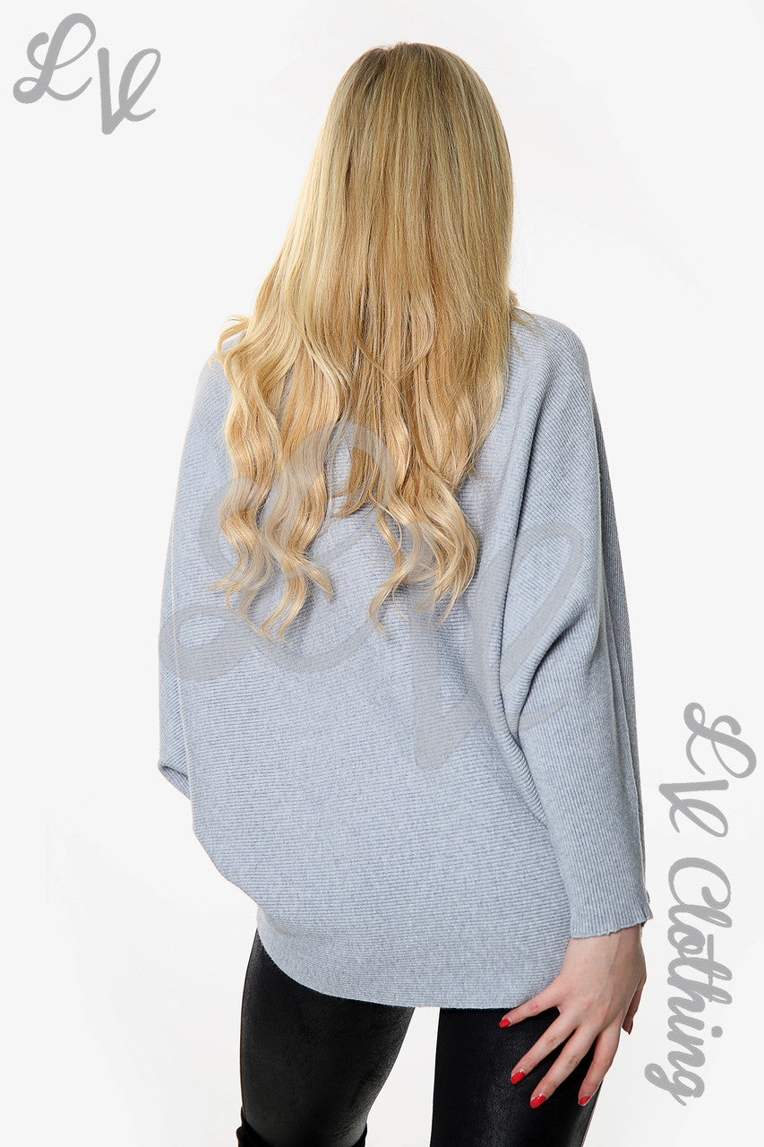 Dames Geribbelde Batwing Gebreide Trui Grijs Eenheidsprijs € 14,99