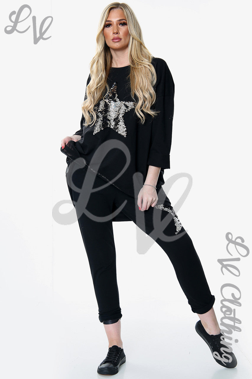 Dames Pailletten Ster 2-delige Co-ord Set Zwart Prijs per eenheid €18,99