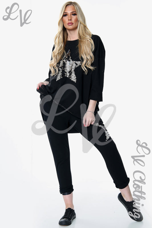 Black two-piece sequin star top and jogger pants set, long sleeves, cuffed hems