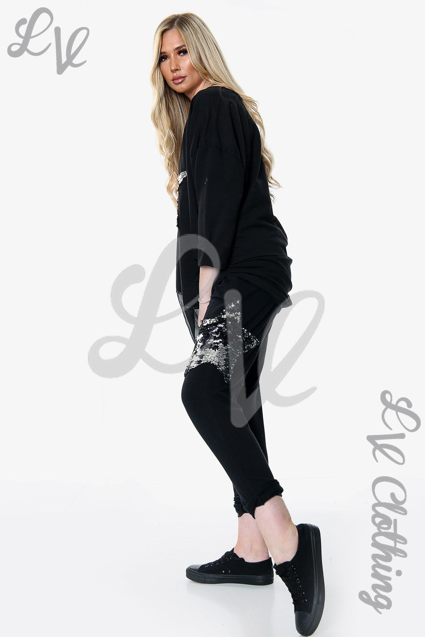 Dames Pailletten Ster 2-delige Co-ord Set Zwart Prijs per eenheid €18,99