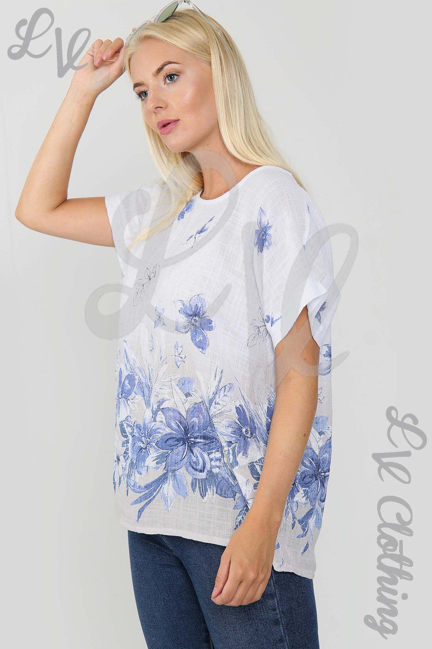 Ladies Floral Print Border Top White - Unit Price £9.99