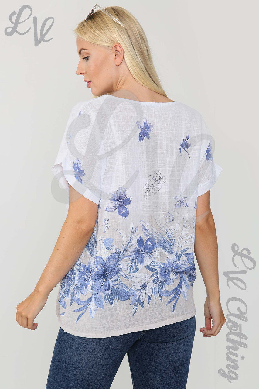 Ladies Floral Print Border Top White - Unit Price £9.99