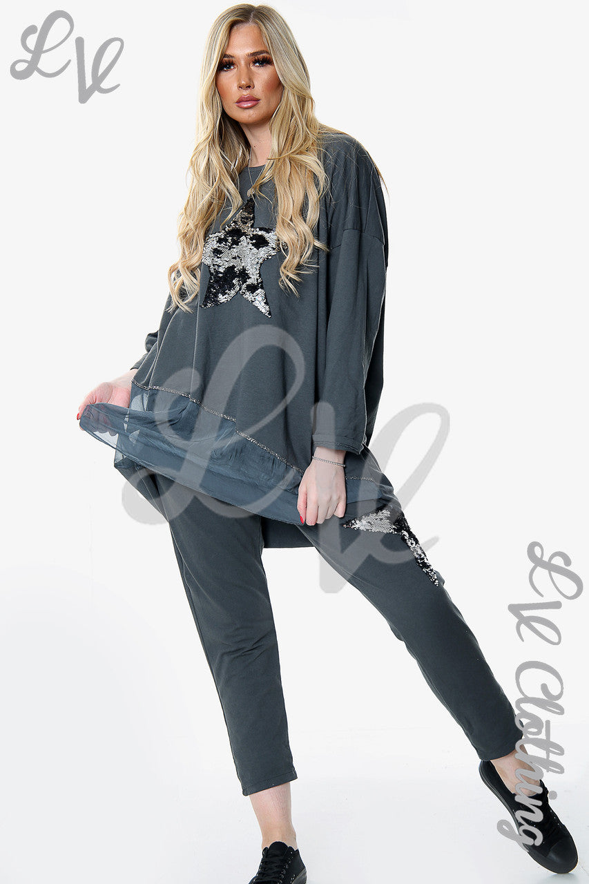 Dames Pailletten Ster 2-delige Co-ord Set Houtskool Stukprijs £18.99