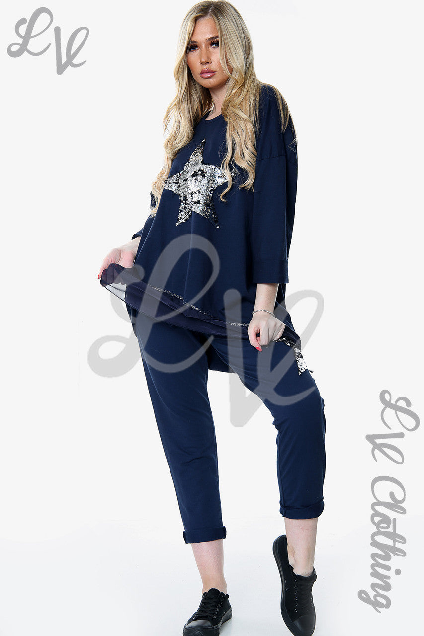 Dames Pailletten Ster 2-delige Co-ord Set Marine Prijs per stuk € 18,99