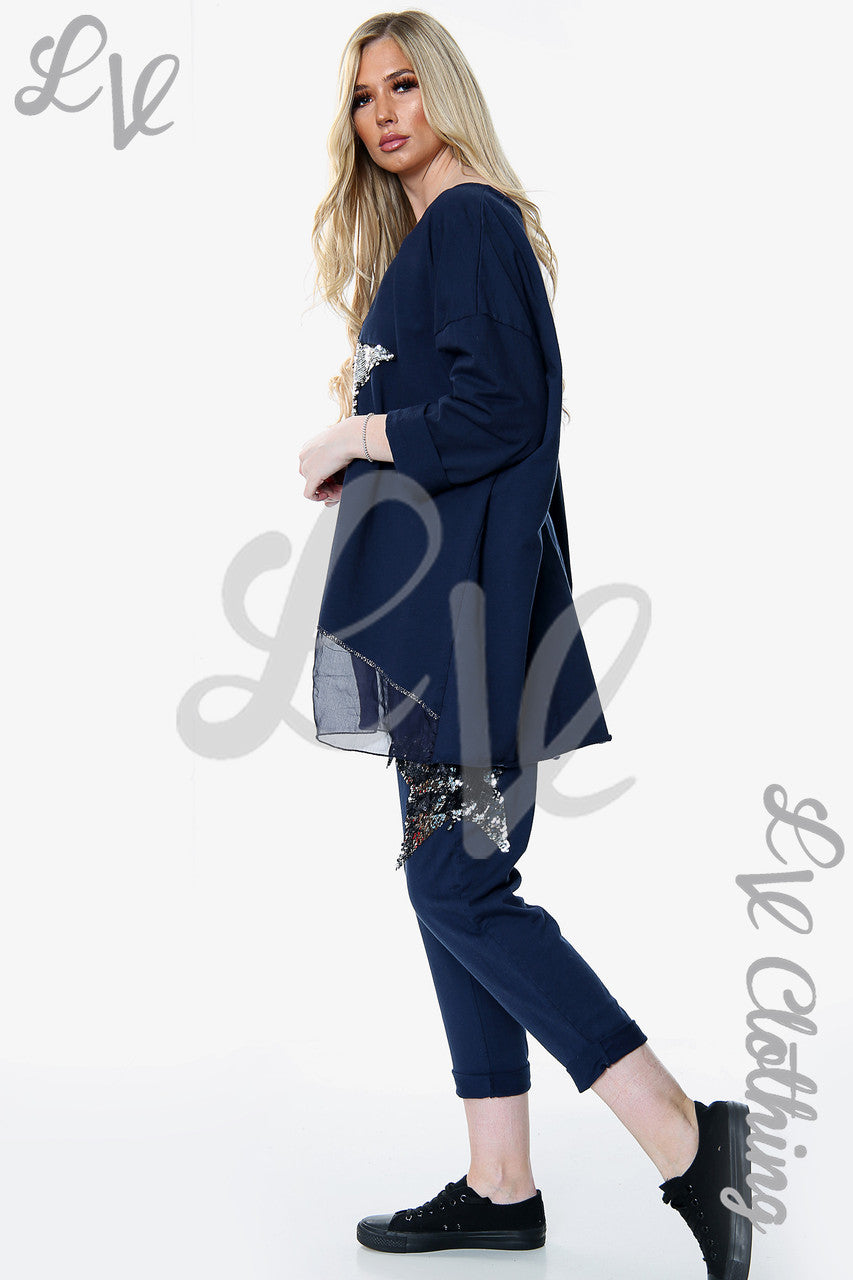 Dames Pailletten Ster 2-delige Co-ord Set Marine Prijs per stuk € 18,99