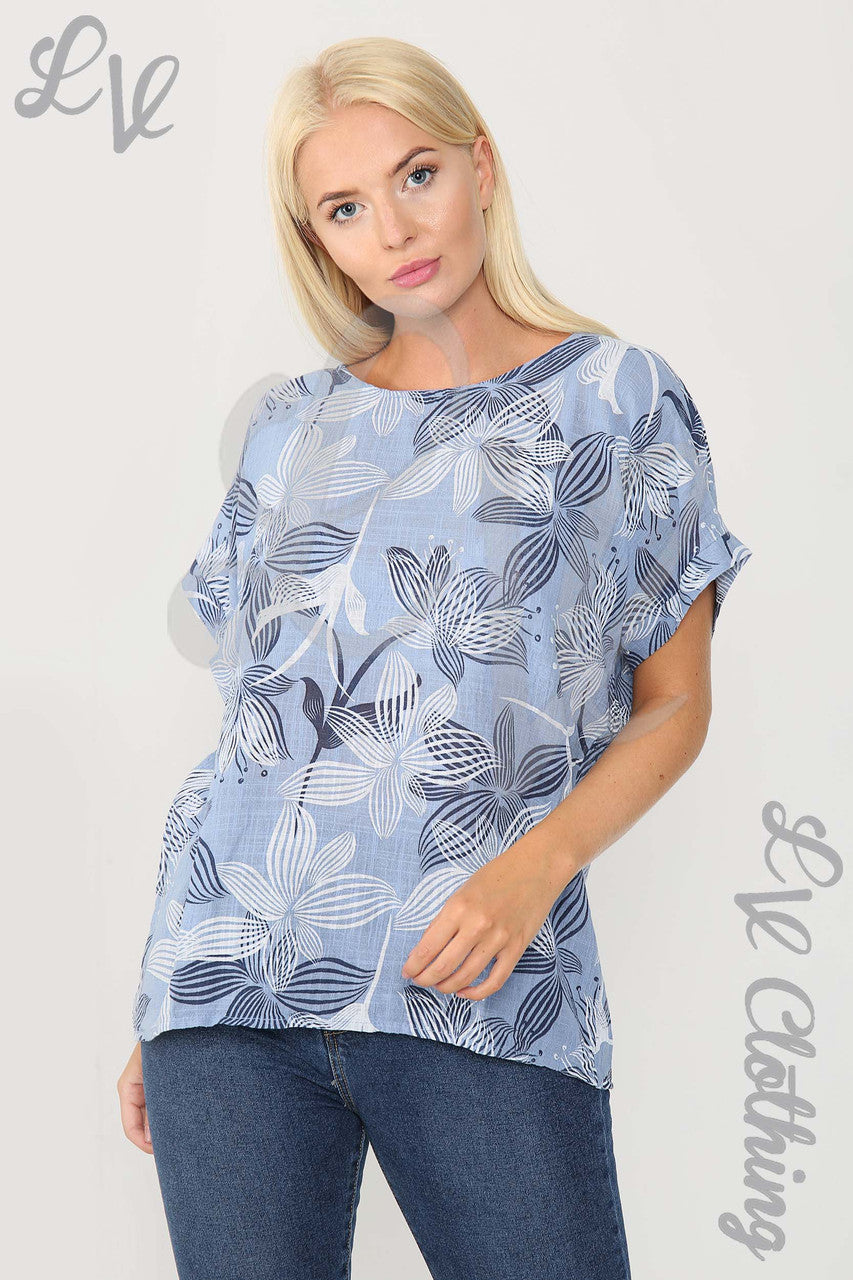 Ladies Floral Outline Abstract Print Top Denim- Unit Price £9.99