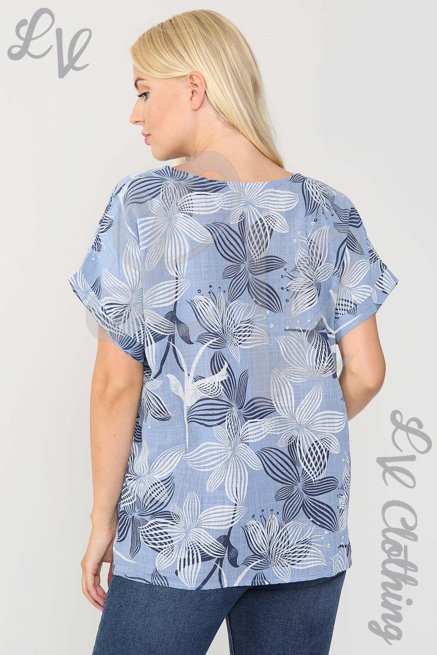Ladies Floral Outline Abstract Print Top Denim- Unit Price £9.99