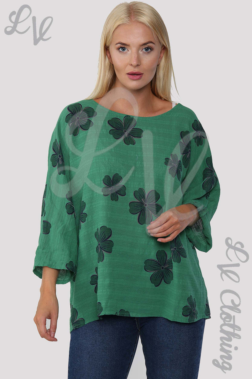 Ladies Daisy Flower Print Top Green - Unit Price £9.99