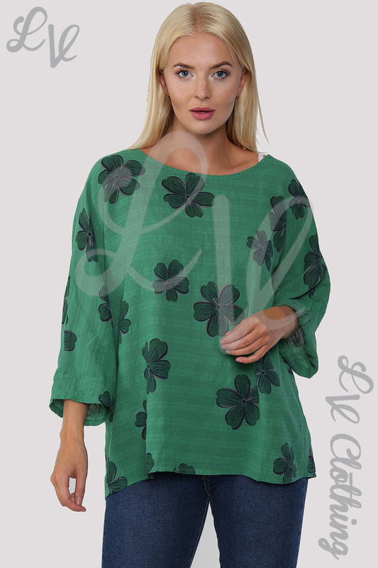 Green floral print blouse top with 3/4 sleeves, loose fit, scoop neckline