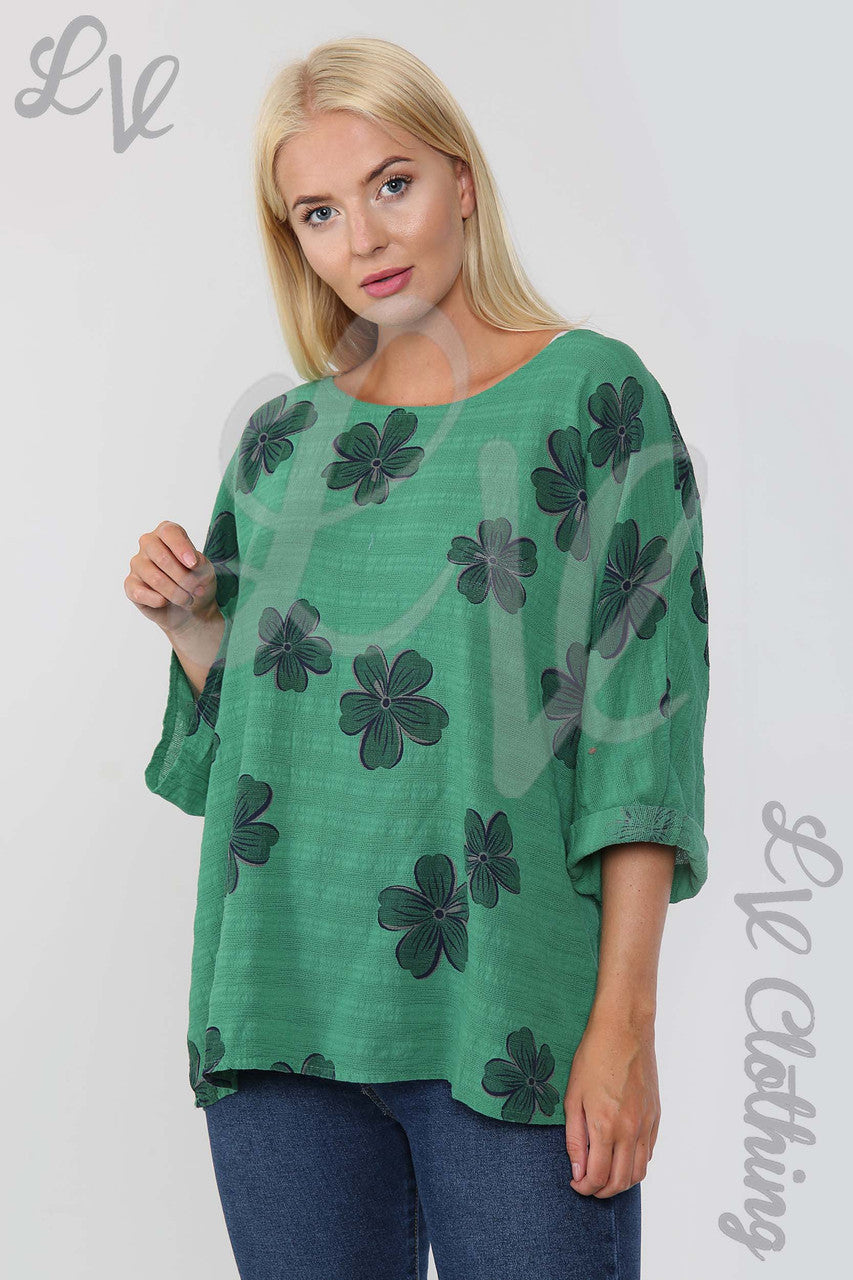 Ladies Daisy Flower Print Top Green - Unit Price £9.99