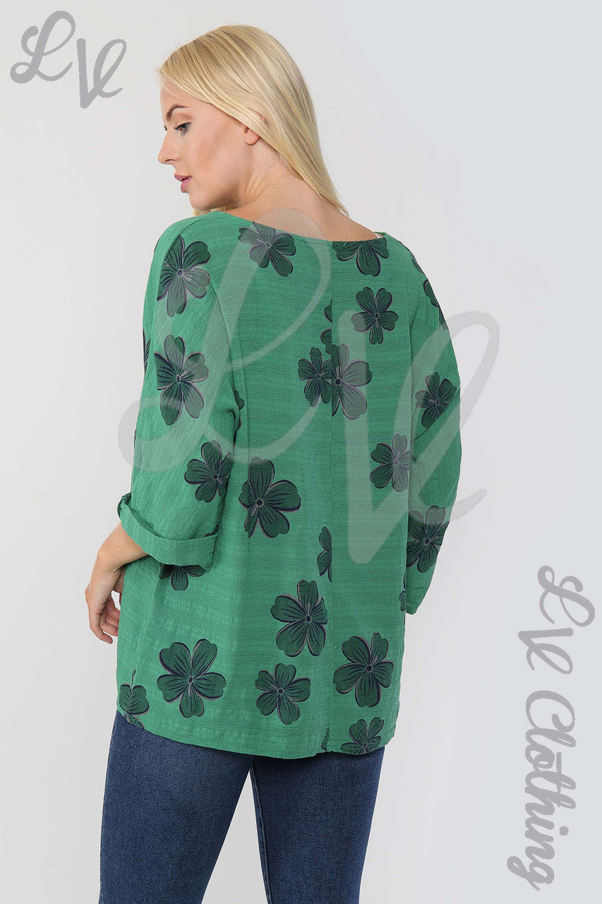 Ladies Daisy Flower Print Top Green - Unit Price £9.99