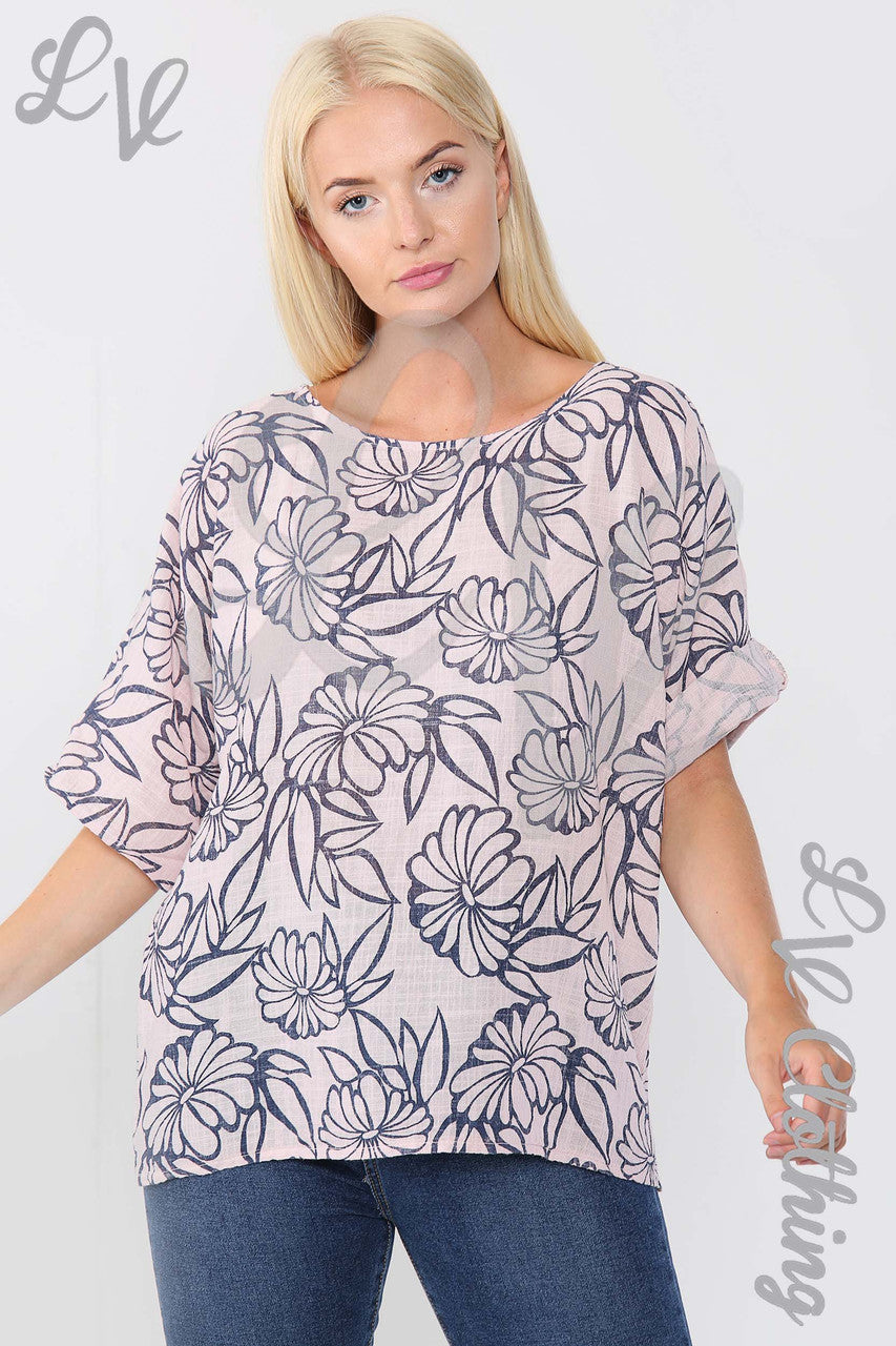 Ladies Floral Outline Print Top Dusty Pink - Unit Price £9.99